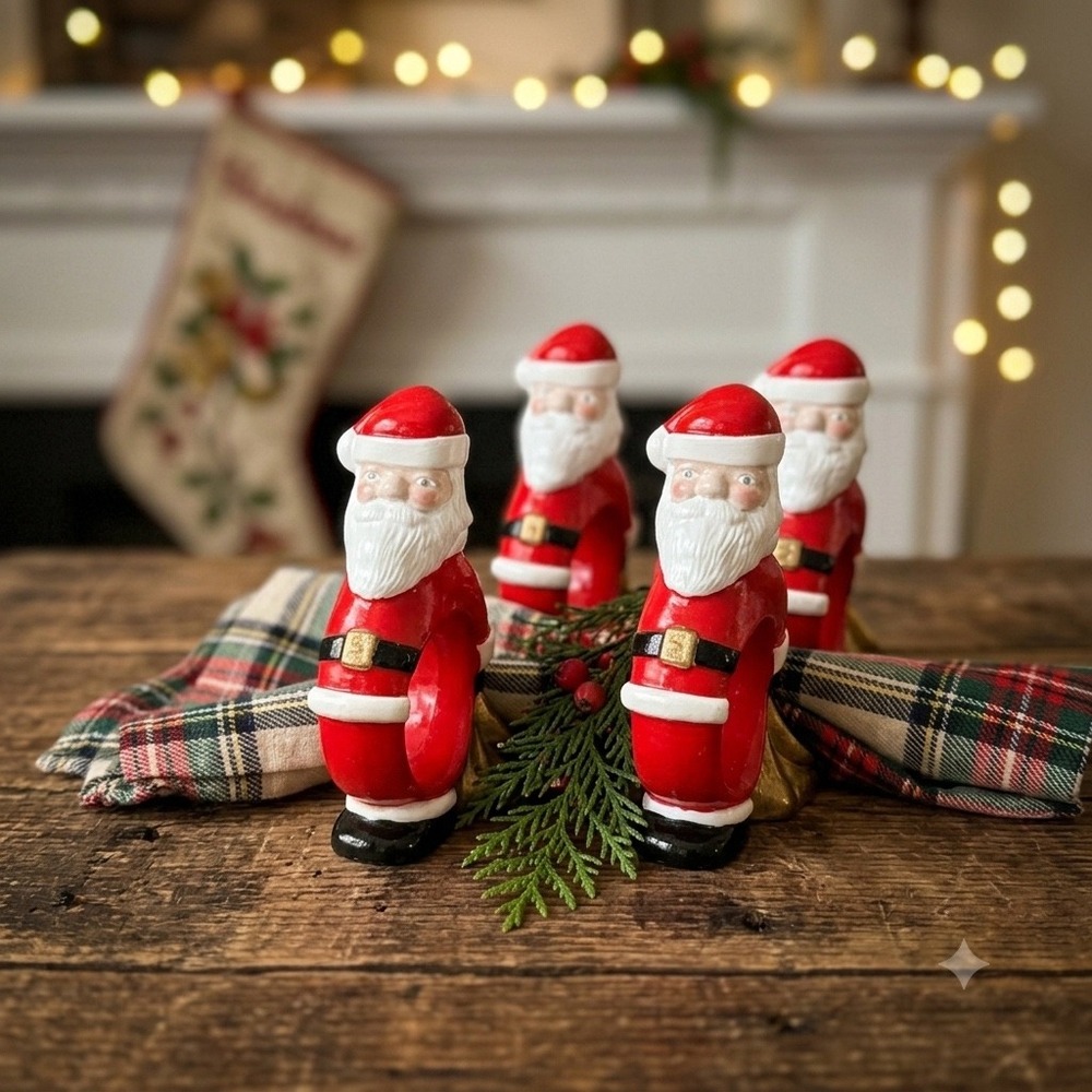 Vintage 60s Santa Claus Napkin Rings Handpainted Ceramic Red Gold Set of 4 MCM